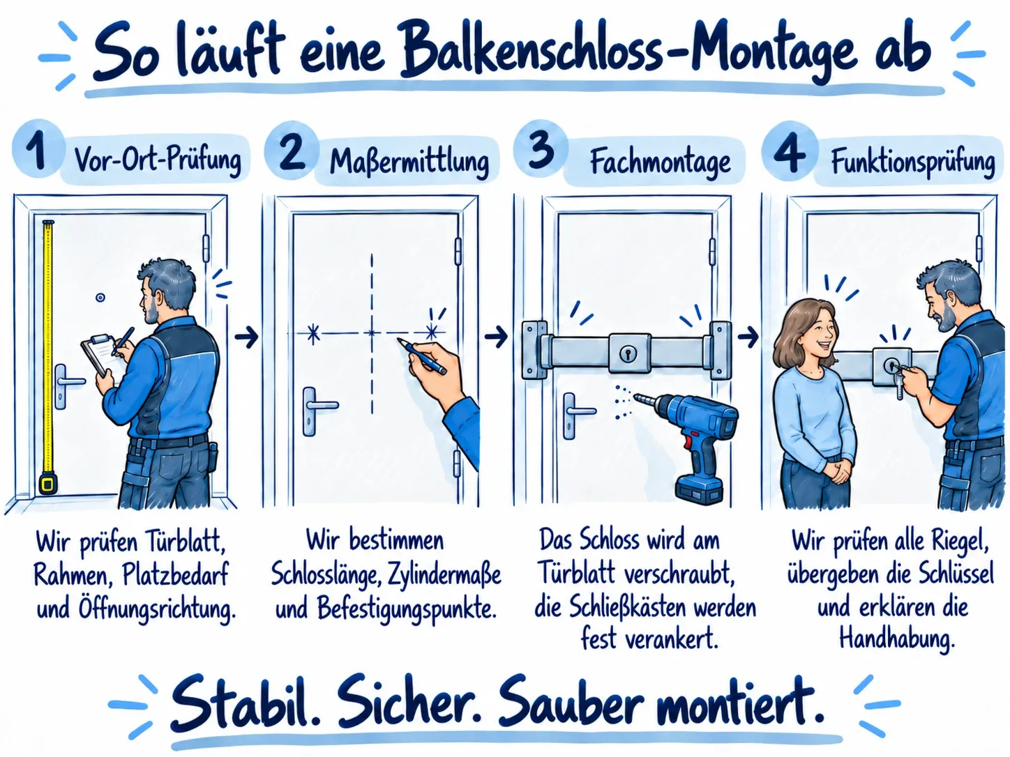 Infografik: Ablauf einer Balkenschloss-Montage in vier Schritten: Vor-Ort-Prüfung, Maßermittlung, Fachmontage und Funktionsprüfung