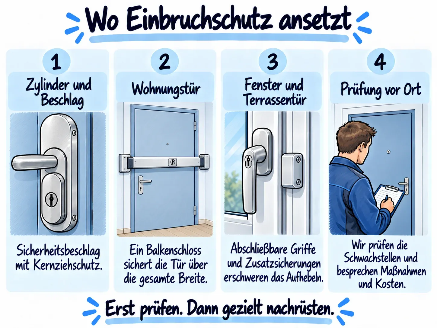Infografik: Wo Einbruchschutz ansetzt: Zylinder und Beschlag, Wohnungstür mit Balkenschloss, Fenster und Terrassentür sowie Prüfung vor Ort