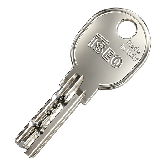 ISEO R6 Wendeschlüssel mit ISEO-Schriftzug und Bohrmulden
