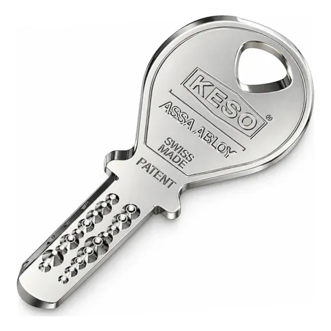 KESO Wendeschlüssel (System KESO 2000S) mit Reidenprägung KESO, ASSA ABLOY, SWISS MADE und PATENT