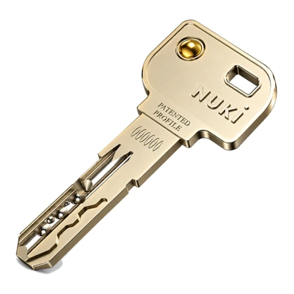 M&C Nuki Schlüssel für den Nuki Universal Cylinder mit gelbem Farbpunkt und Aufschrift NUKI und PATENTED PROFILE
