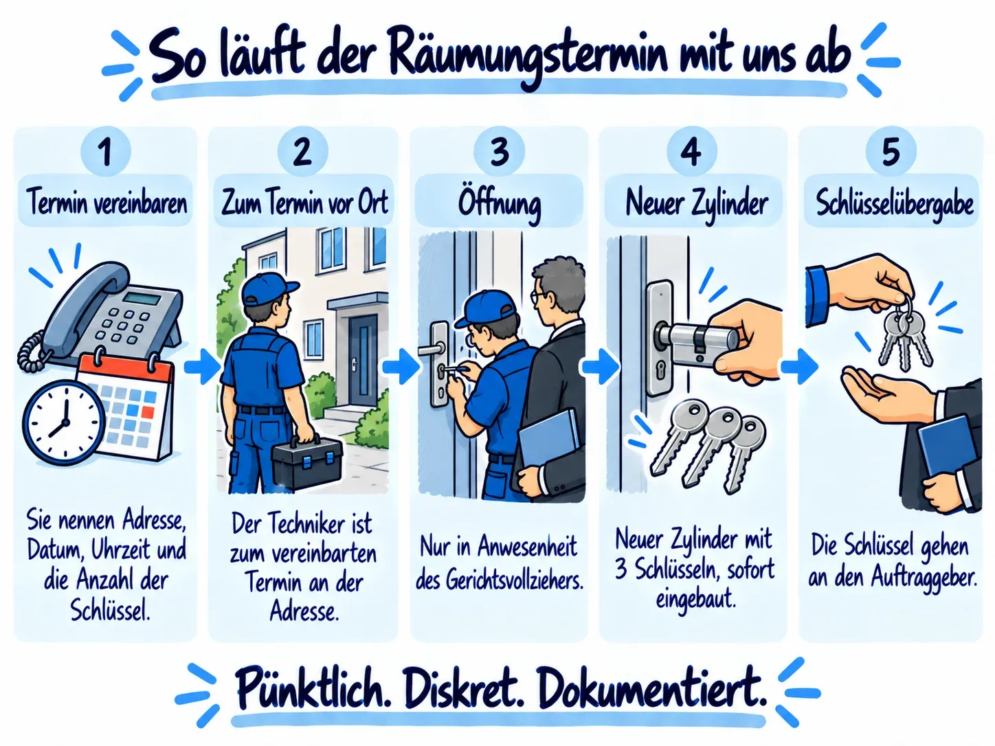 Infografik: Ablauf des Räumungstermins in fünf Schritten: Termin vereinbaren, zum Termin vor Ort, Öffnung, neuer Zylinder und Schlüsselübergabe