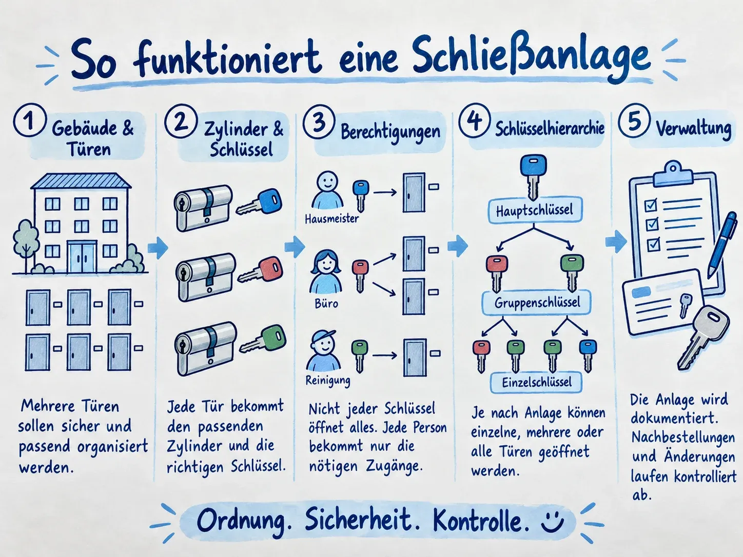 Infografik: So funktioniert eine Schließanlage in fünf Schritten, von Gebäude und Türen über Zylinder, Berechtigungen und Schlüsselhierarchie bis zur Verwaltung