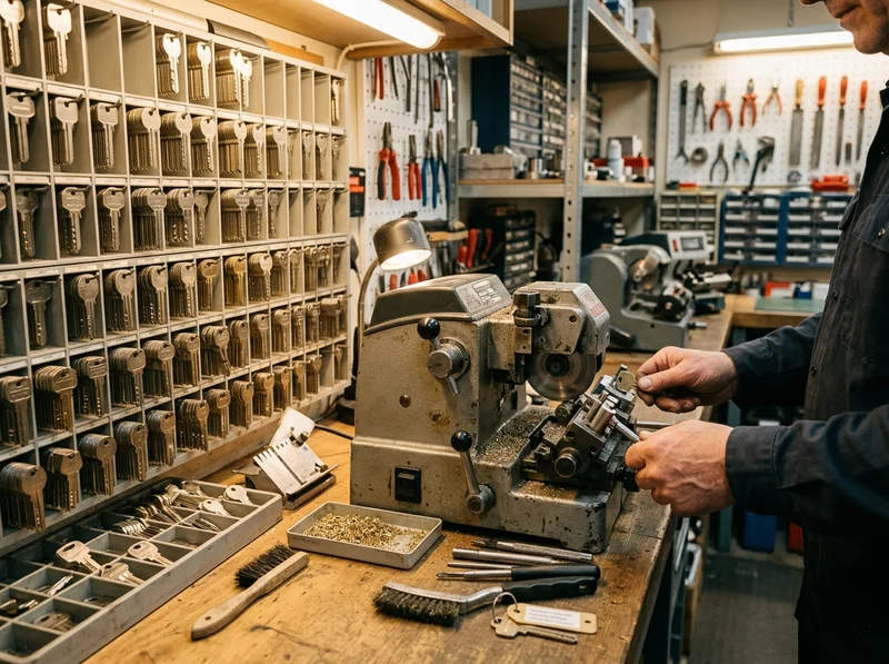 Präzise Bearbeitung eines mechanischen Schlüssels in einer Werkstatt