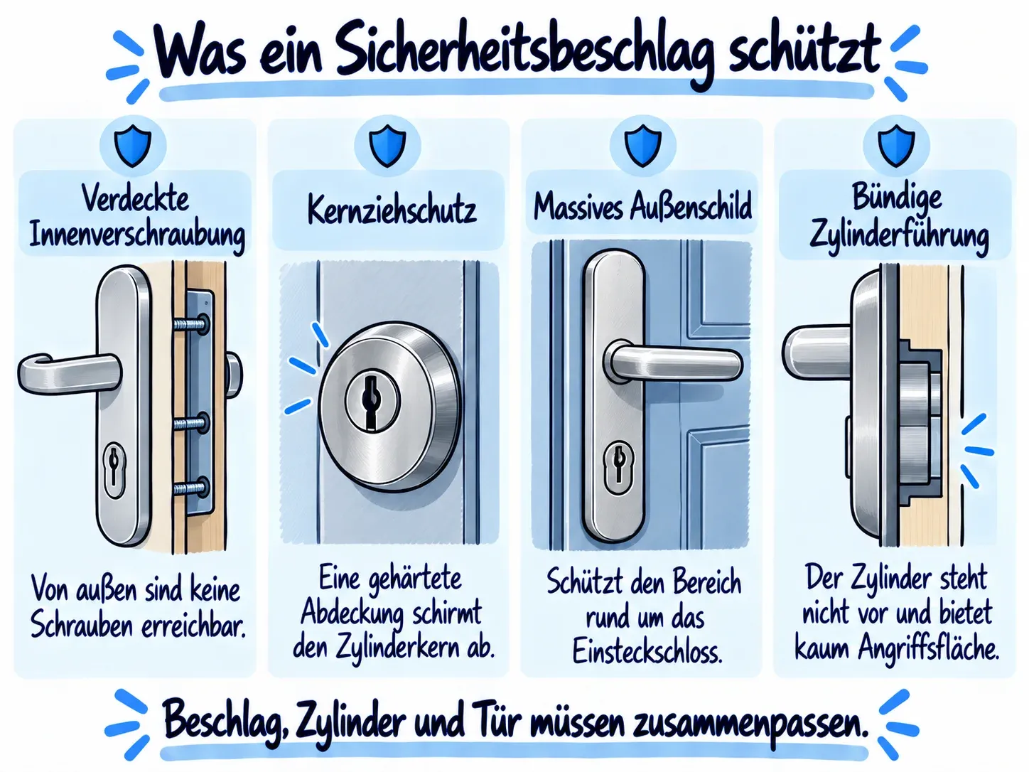 Infografik: Was ein Sicherheitsbeschlag schützt: verdeckte Innenverschraubung, Kernziehschutz, massives Außenschild und bündige Zylinderführung