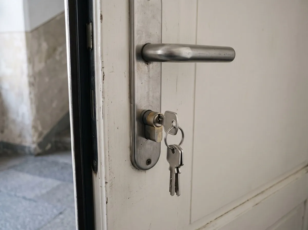 Wohnungstür mit Schließzylinder, ein Schlüssel steckt, zwei weitere hängen am Schlüsselring